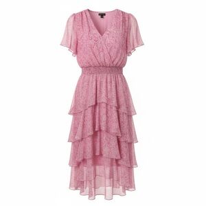 Vince Camuto Tiered Ruffle Midi Dress Flutter Sleeve Pink Floral Small
